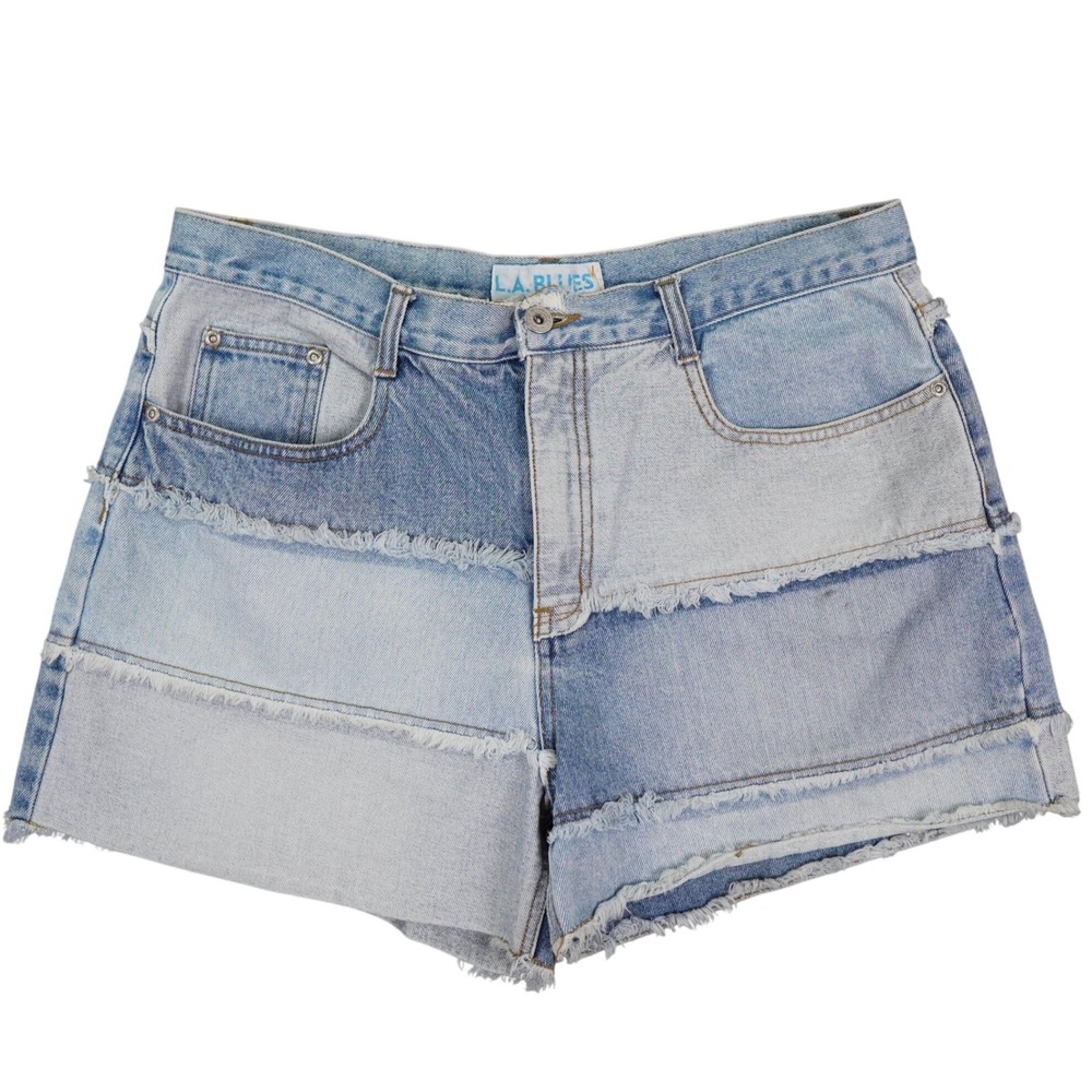 VTG LA Blues Patchwork Denim Shorts Women 14 Blue Frayed Reconstructed 90s Y2K